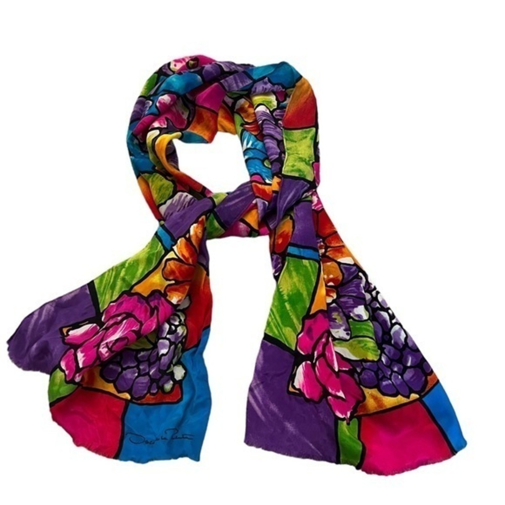 Vintage Oscar de la Renta bright floral oblong silk scarf - WOW!
